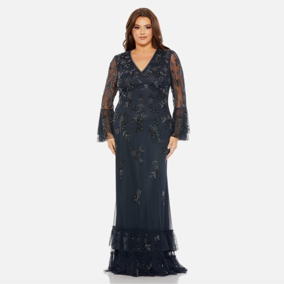NWT $698 Mac Duggal [ 16W ] Embellished Flutter Tiered Long‎ Sleeve Gown Q634 - Picture 2 of 16